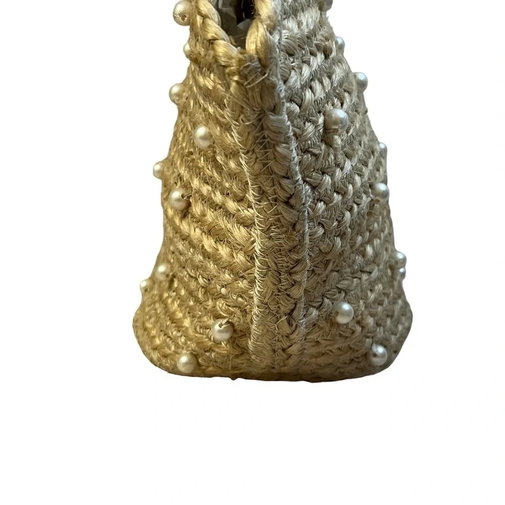 SHIRALEAH Chicago 100% Jute Wood Handles Pearl Accent Dominica Mini Tote